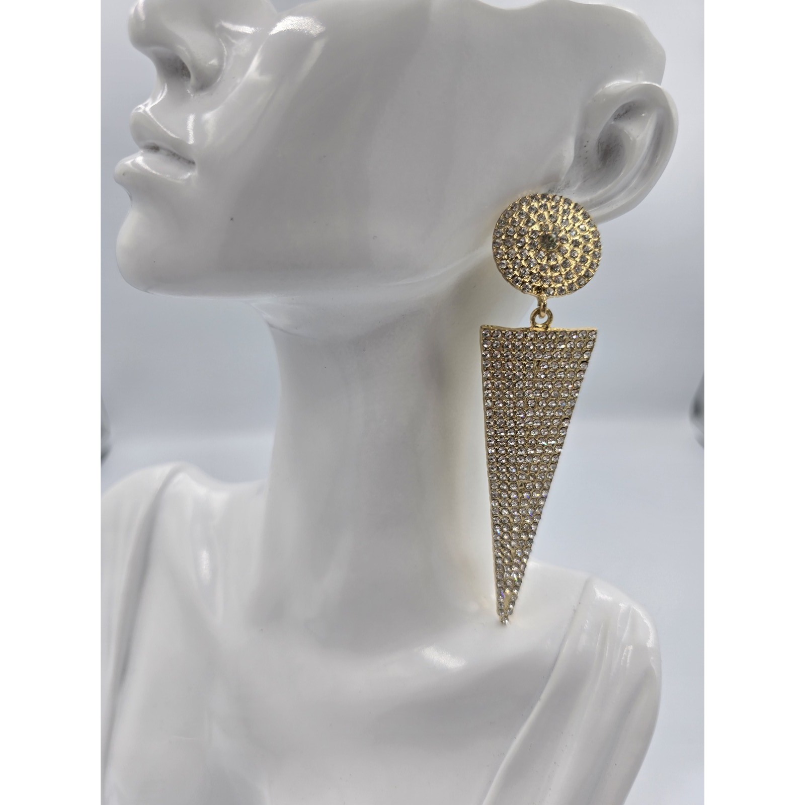 Gold Tone Dangle Earrings Rhinestone Pave Triangle Drop Push Back Fashion 12$